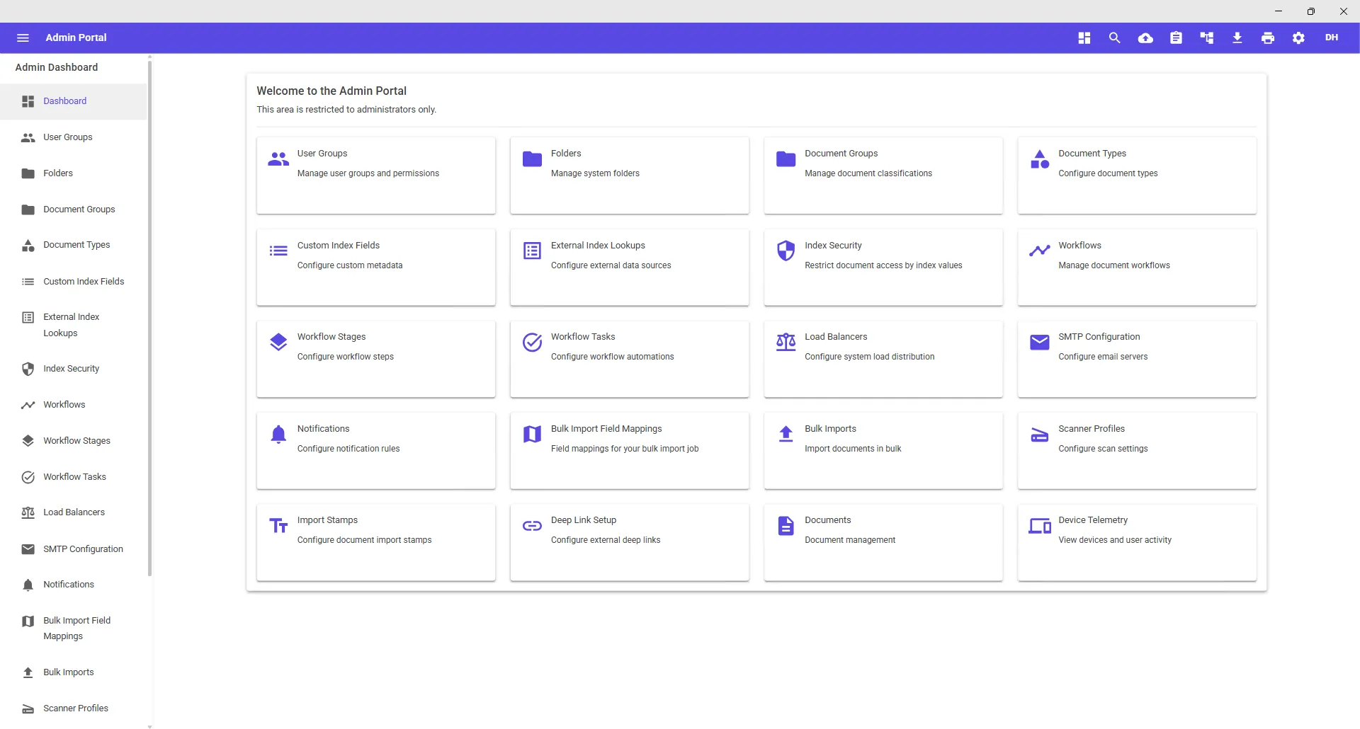 DocuPro admin configuration dashboard