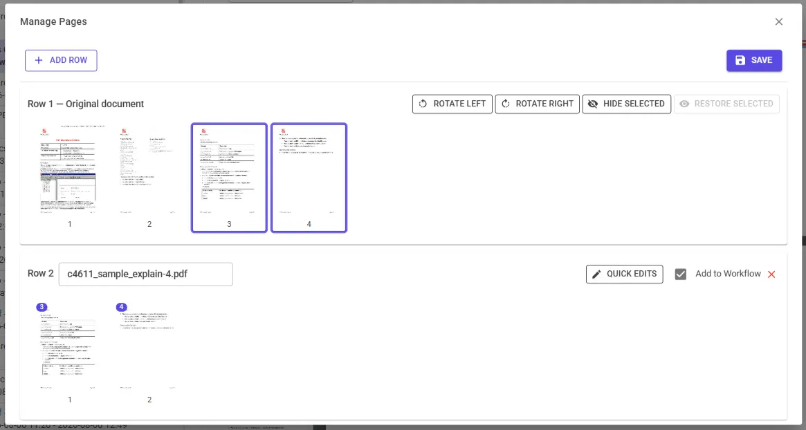 Managing pages: rotate, rearrange, hide, and separate into a new document