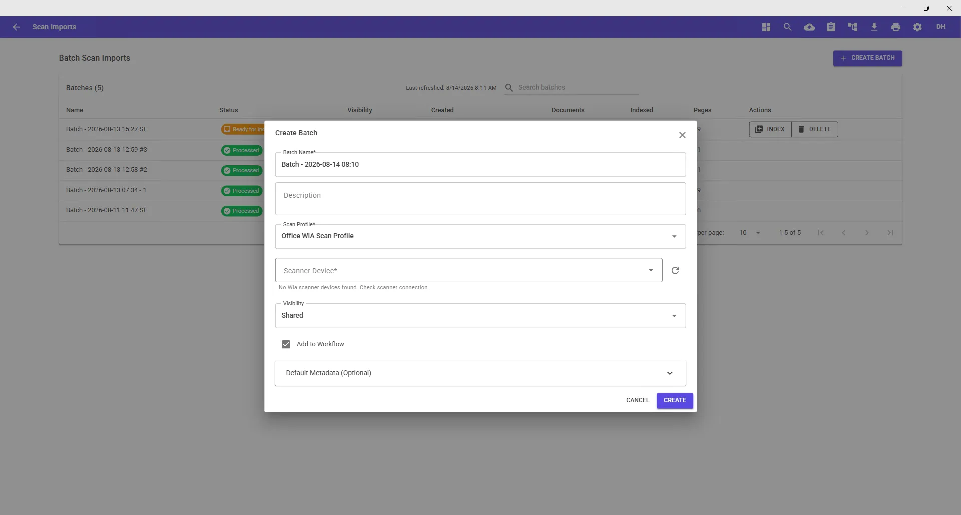 Scan Imports screen creating a batch for scanning